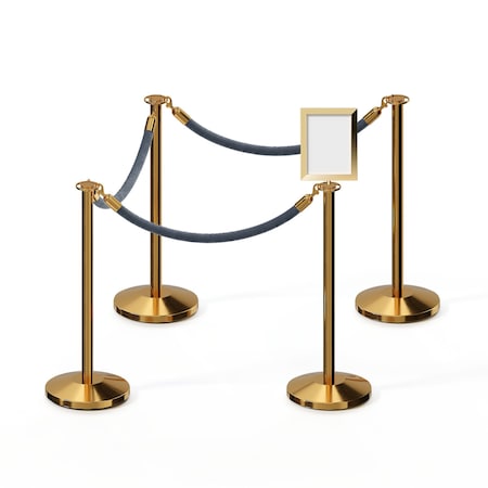 Stanchion Post & Rope Kit Pol.Brass,4FlatTop 3Gray Rope 8.5x11V Sign